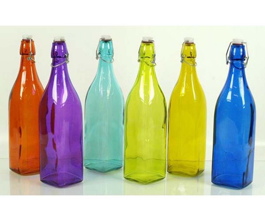 Μπουκάλι γυάλινο τετράγωνο χρωματιστό με έλασμα 1Lt